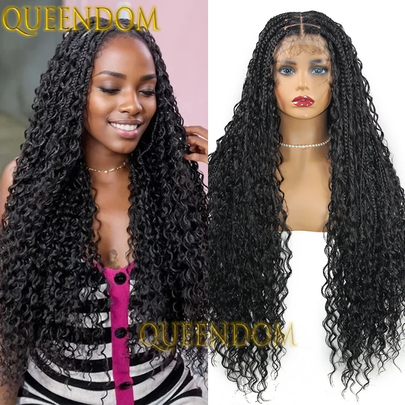 Synthetic Full Lace Bohemian Braid Wig 32 Inch Cornrow Braided Wig with Curly Hair Knotless Box Braids Goddess Wig for Daily Use