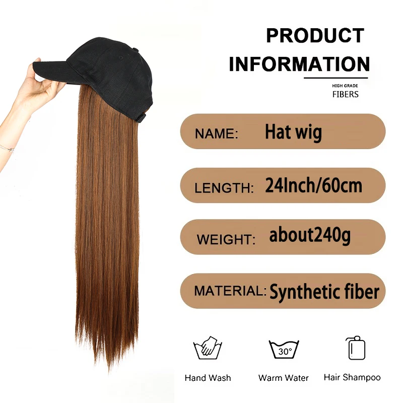 24Inch Synthetic Baseball Cap Hair Accessories Wig Long Straight Hair Extension Hair Integrate Cap Hat for Women Daily Hair