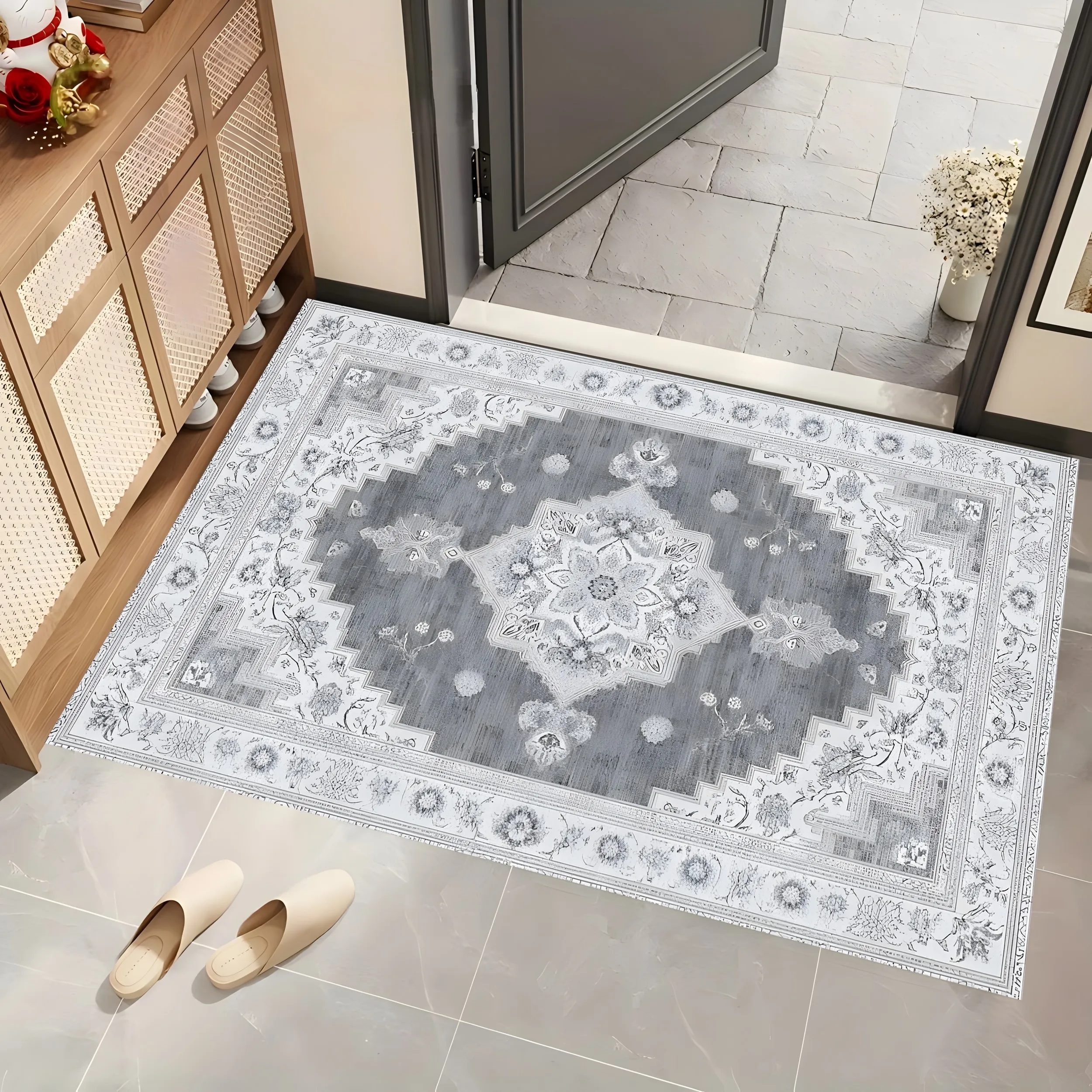2D Large Rug, Gray Retro Persian Pattern, Luxurious Retro Style, Living Room & Bedroom Carpet
