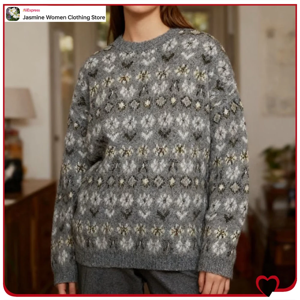 Elegant Brushed Effect Jacquard Knit Jumper for Women Gray Autumn Knitwear Comfy Round Neck Long Sleeve Sweater with Ribbed Trim