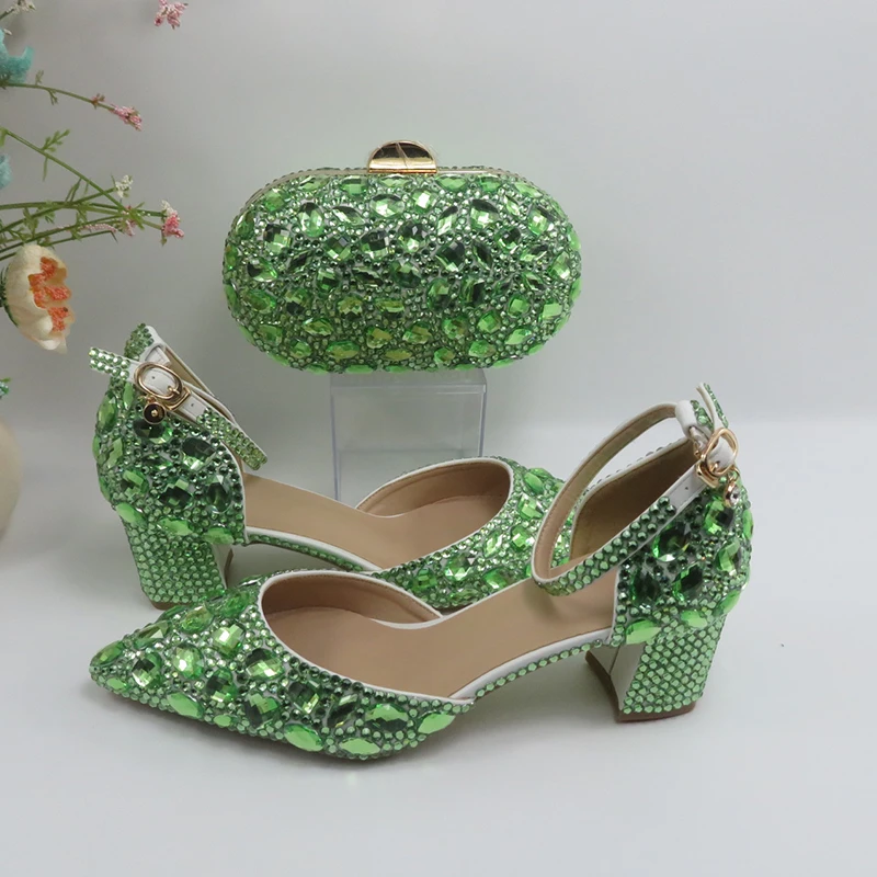 BaoYaFang Light Green Crystal Sandals Women\'s wedding shoes with matching bag Bride Pointed toe Thick Heel Buckle Sandals woman