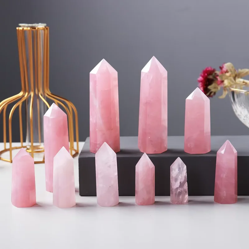 1 pcs Natural Pink Crystal Point Rose Quartz Crystal hexagonal prism ornament magic wand Healing Gemstone Crystal Tower