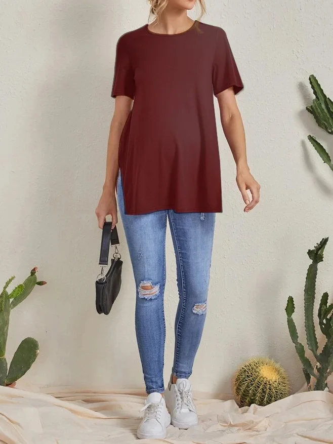 

Женские однотонные футболки с короткими рукавами, одежда для беременных, универсальная однотонная одежда для беременных с круглым вырезом и разрезом с короткими рукавами