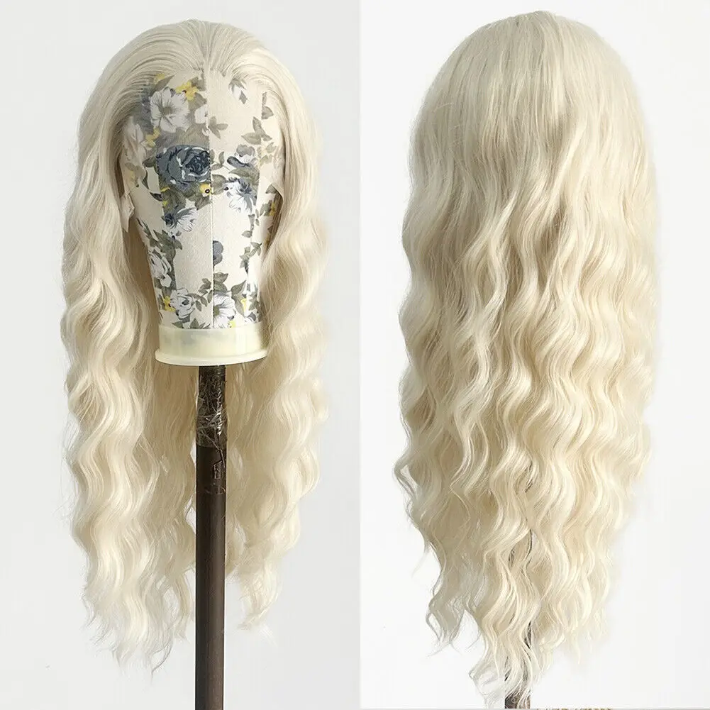 

Synthetic Hair Bleach blonde Layered Long Wavy Natural T Lace Frontal Wig Synthetic