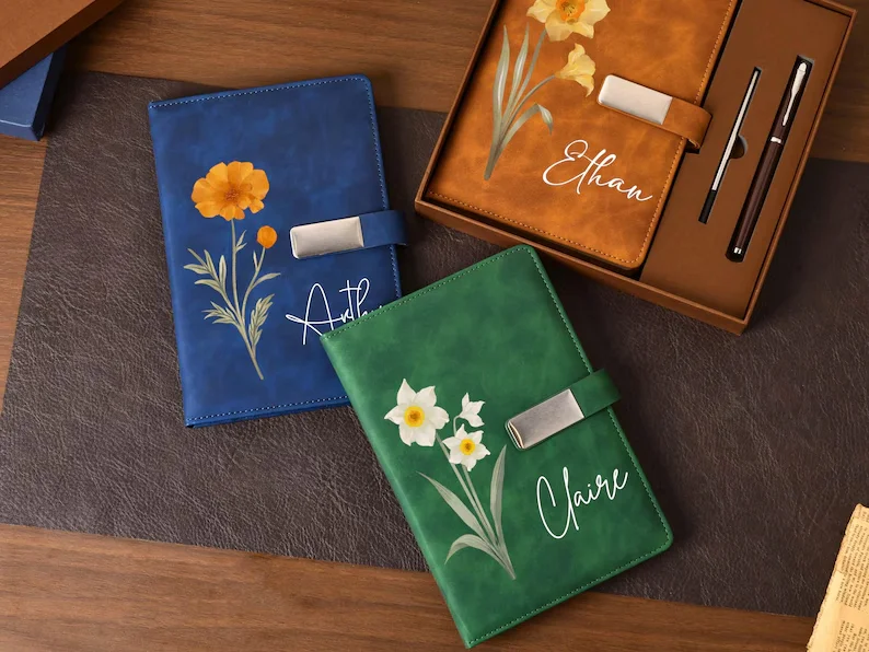 Personalized Custom Name/Text/Logo Floral Embossed Notebook Pen Set Personalized Leather Journal Gift Box for Office Birthday