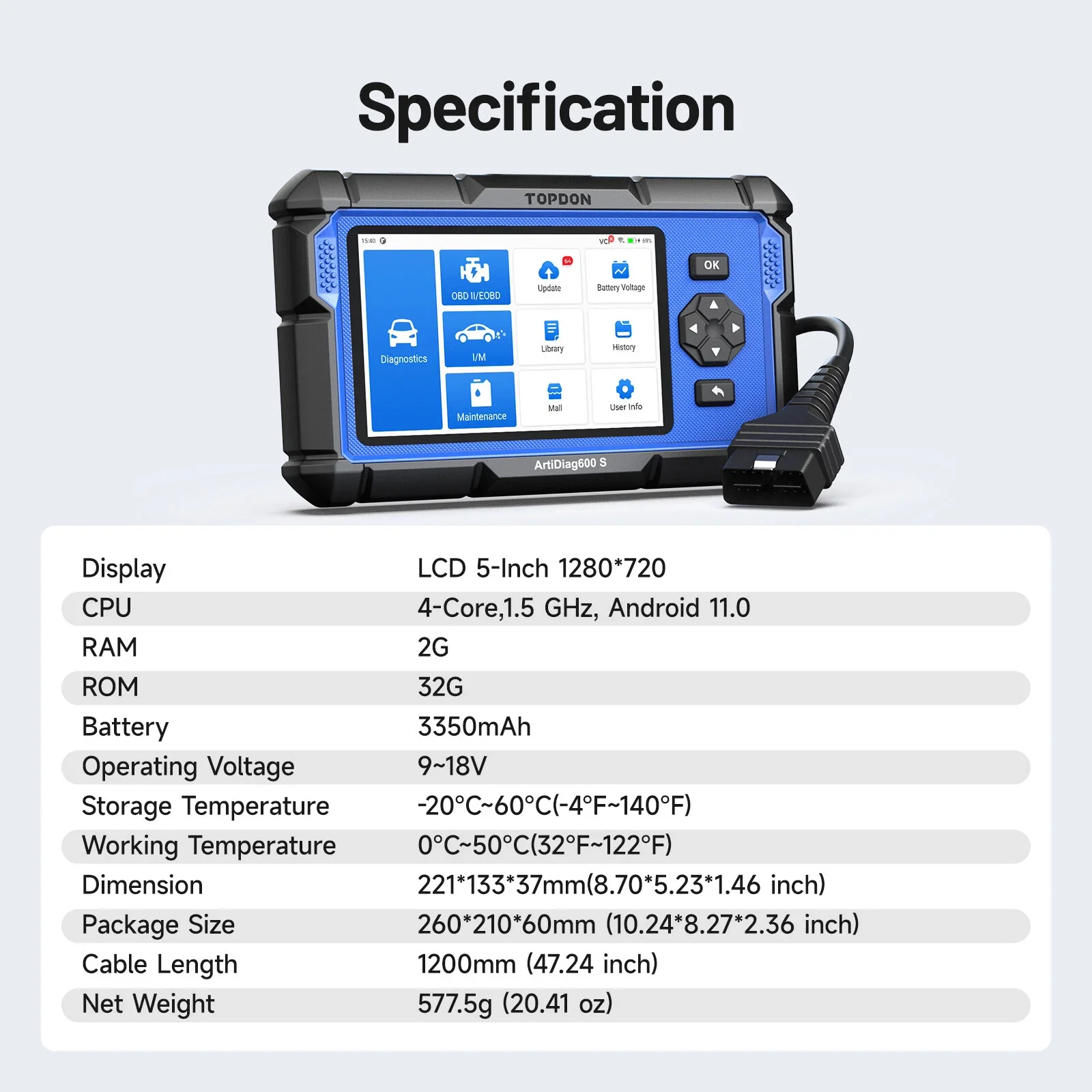 TOPDON ArtiDiag600S Scanner OBD2 para 4 Sistemas, Ferramenta de