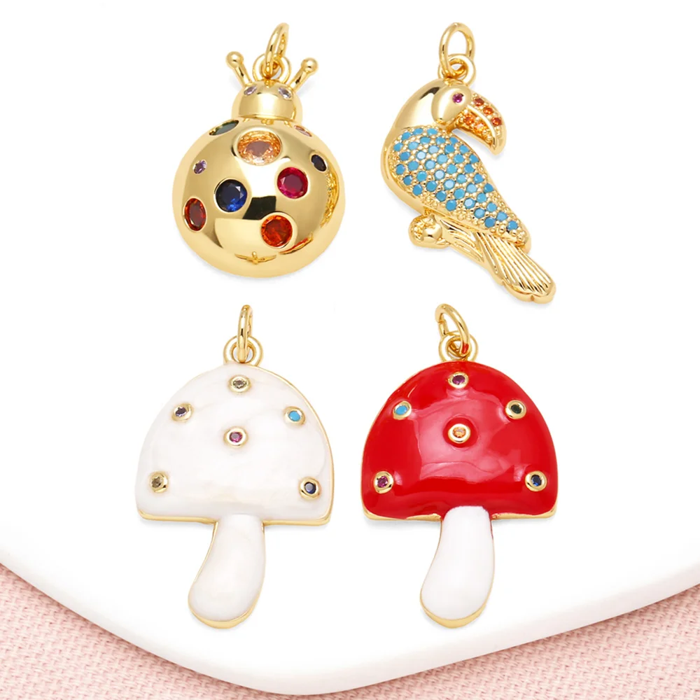 OCESRIO Multicolor Crystal Enamel Mushroom Pendant for Necklace Copper Gold Plated Parrot Jewelry Making Component pdta814