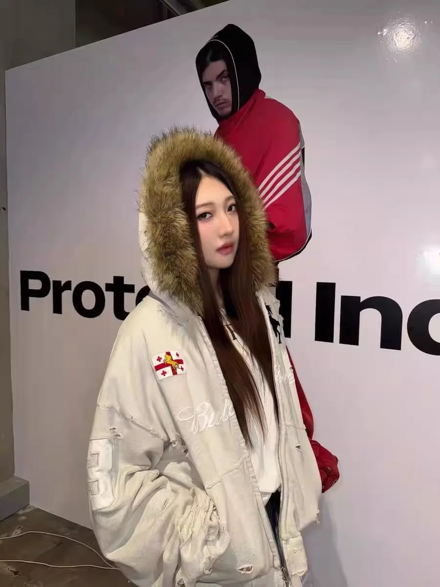 

Мужская толстовка-худи SUSUSELECT PIA War с рваными элементами, пэчворком и меховым воротником, свободного кроя, для повседневной носки