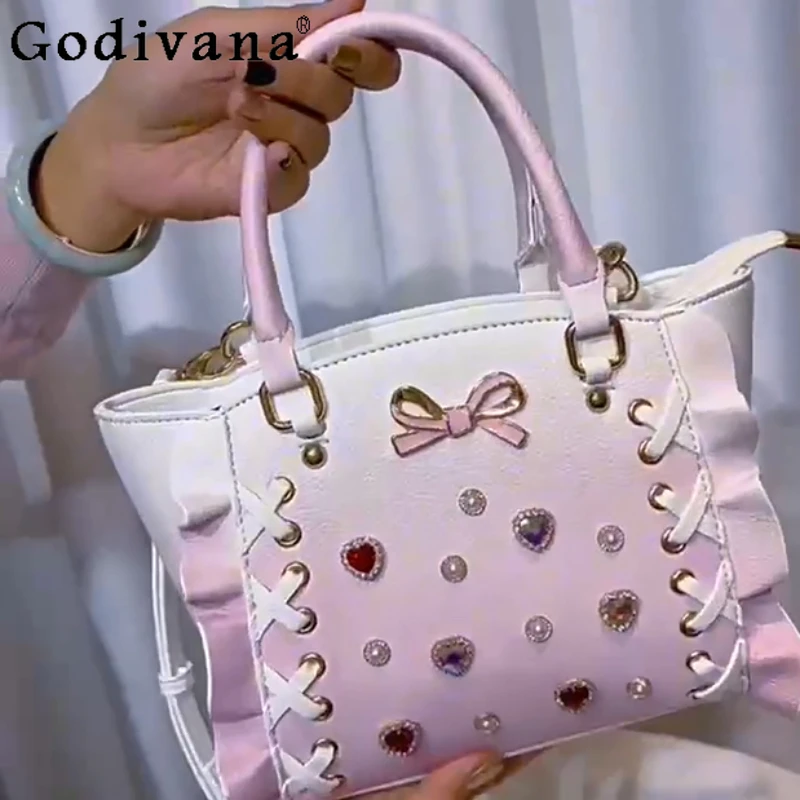 

Cute Sweet Girl Lolita Tote Bag Gradual Change Color Rhinestone Mine Tie Bow Lace Portable Oblique Span Small Square Bag