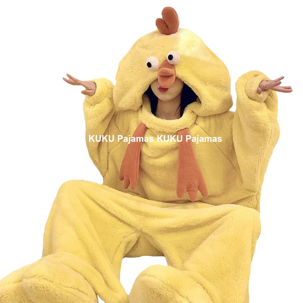 Adult Onesie Pyjama Animal Halloween Yellow Chicken Costume Unisex Onesies Plush Cosplay Pajamas Set One-Piece Sleepwear Blanket