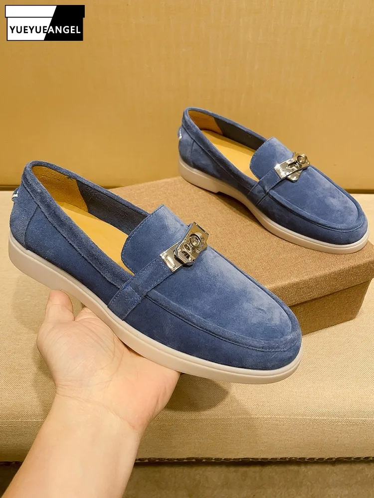 

Мужские офисные деловые туфли-лоферы из натуральной кожи, без шнурков, весна-лето, с круглым носком, из замши, в британском стиле, повседневные, на плоской подошве