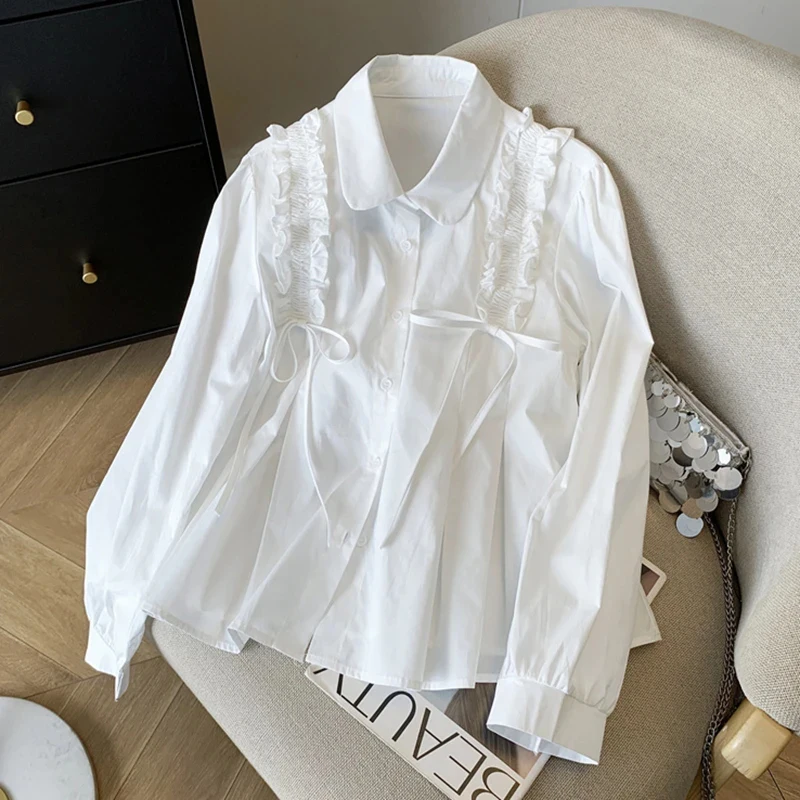 

Fall Long Sleeve Shirt Women Sweet Edible Fungi Bow French Fashion Office Lady Blouse Casual Loose Chic Solid New Female Tops
