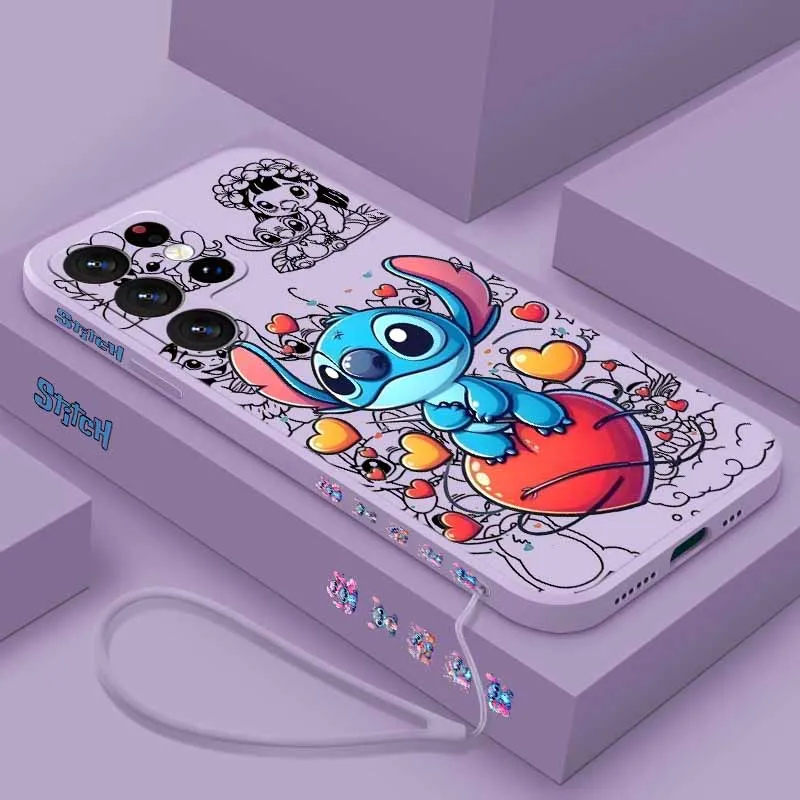 Funda Protectora para Teléfono con Diseño de Stitch de Disney para Samsung S26 S25 Edge S24 S23 S22 S21 S20 Ultra Plus Lite, Funda Líquida con Cuerda Izquierda