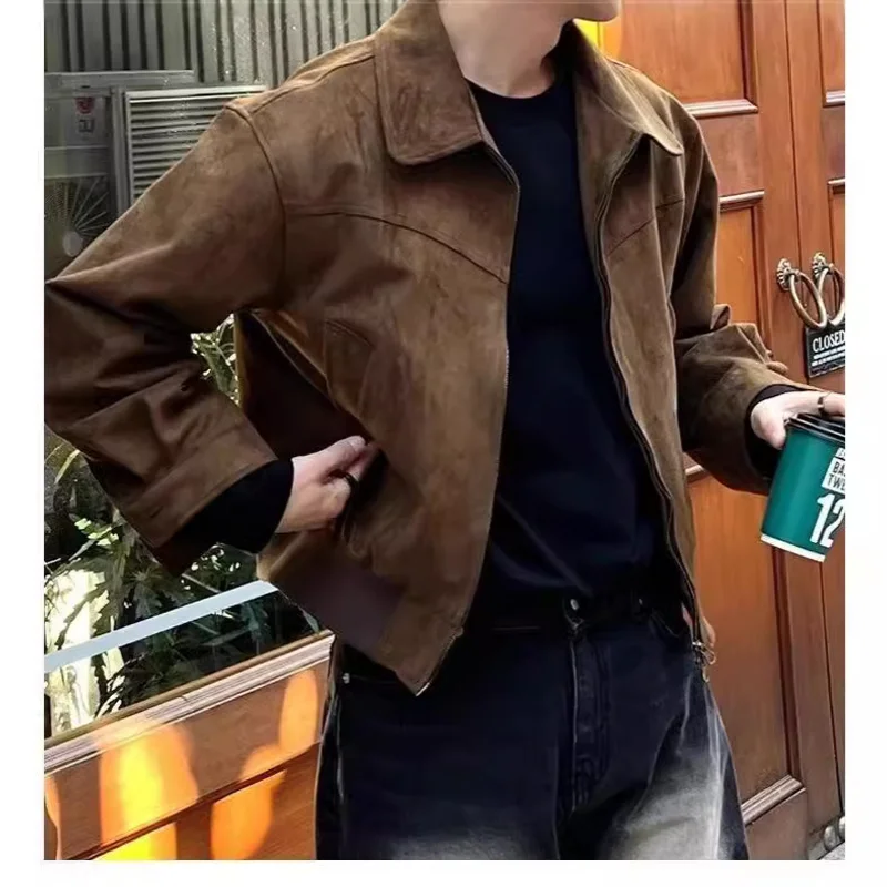 الرجال خمر سترة قصيرة التلبيب الخريف سستة موضة سترة من جلد الغزال أبلى سترة واقية الذكور الملابس الشتاء سترة الرجال