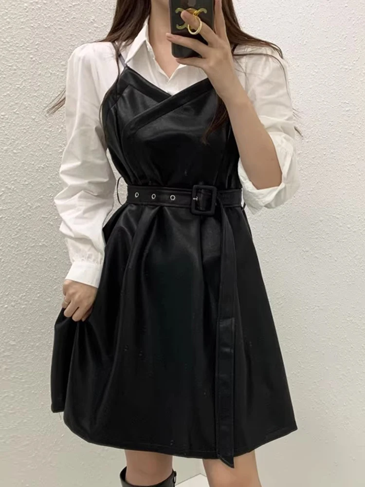 Chic automne Vintage col en cuir PU ort Dr femmes taille haute faux deux pièces conception minceur Patchwork Dr