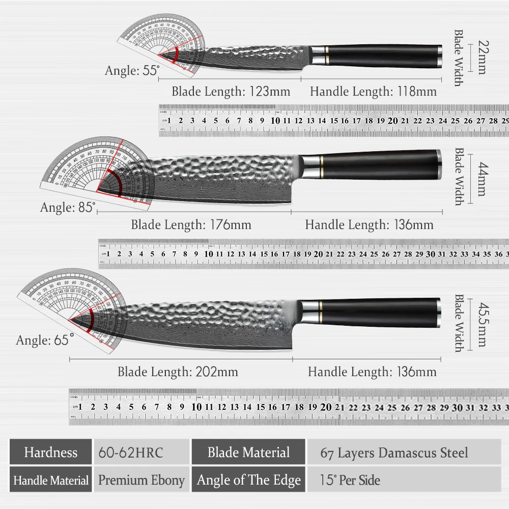 HEZHEN 5PC Knife Set 67 Layer Damascus Steel Chef Santoku Utility With Wodden Knife Holder Walnut Shears