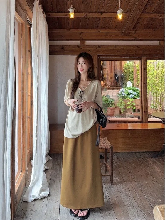 

plus Size Casual Set Summer New Lazy Style Color Versatile Short Sleeve Top Slimming High Waist Skirt Fashionable Outfit