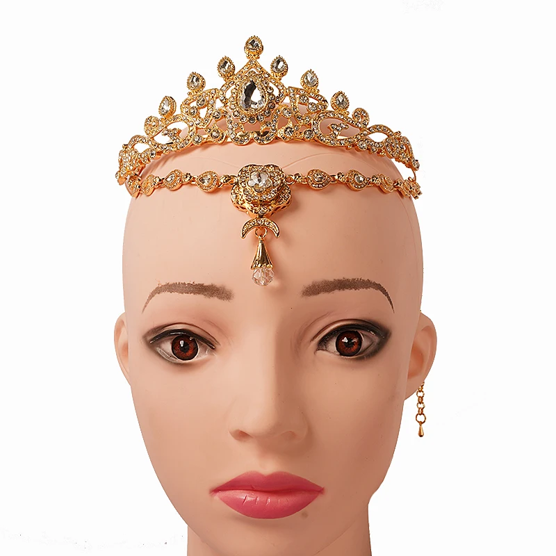 Arabic Wedding Hair Accessories Gold Plated Crown Morocco Bridal Headpiece Rhinestone Muslim Women Headband Metal Marriage Gift