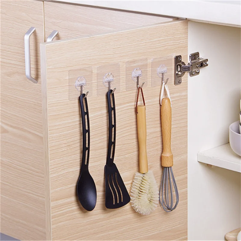 10PCS Transparent Adhesive Hooks Stainless Steel Strong Self Adhesive Hooks Key Storage Hanger Kitchen Bathroom Door Wall Couple