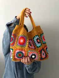 Black Granny Square Bag Women Colorful Cute Purse Checkered Crochet Shoulder Bags With Boho Style Yellow Black Handbags