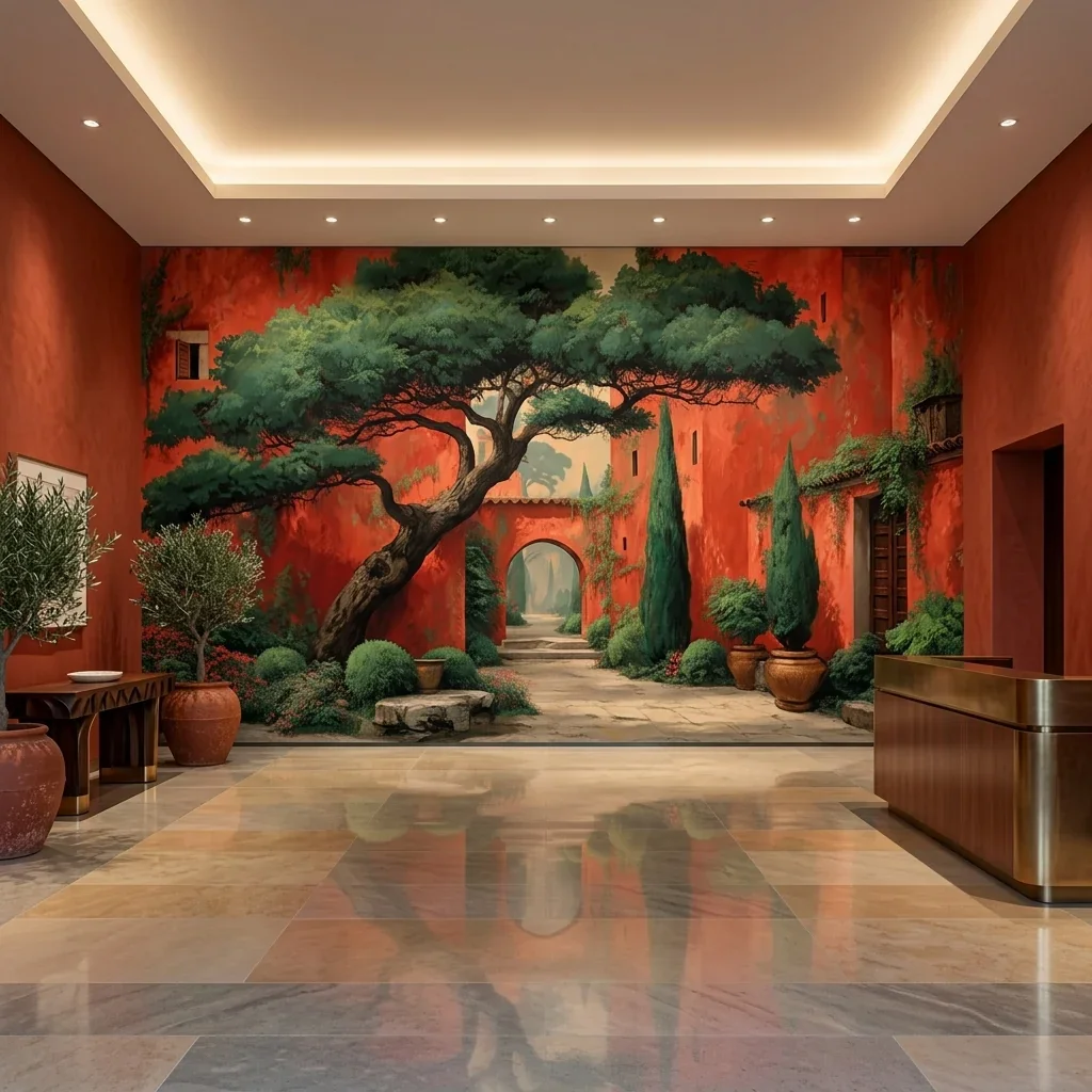 Customized wallpaper clay courtyard mural Mediterranean villa scenery big tree mural living room, bedroom decoration painting