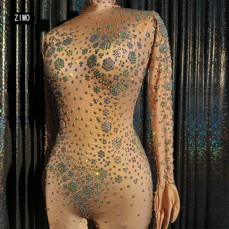 

fashion Long Sleeve With Gloves Sparkly Rhinestones sexy Jumpsuits Women Show Performance Bodysuits Drag Queen festival outfit