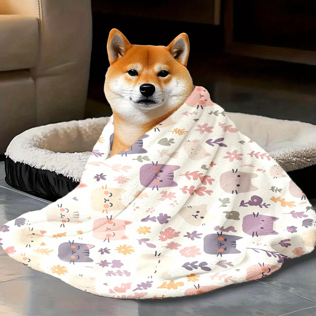 Charming Cartoon Cat Print Flannel Throw Blanket for Sofa Bedding Cozy Polyester Winter Home Decor Nursery Kids Room Gift - view 3