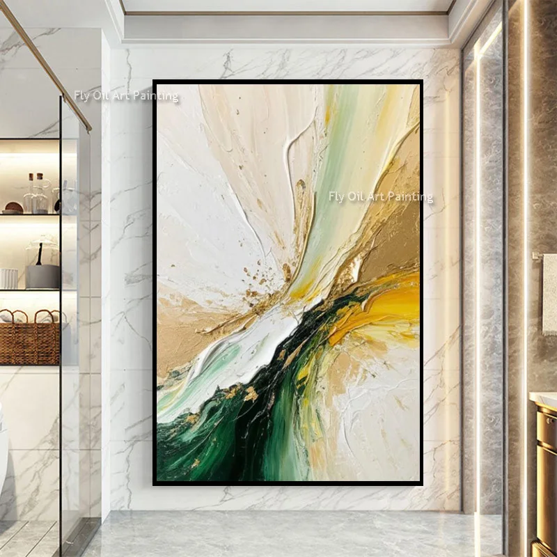 Palette Knife Handmade Swirl Emerald Abstract Canvas Art, Gold Flake Heavy Texture Painting, Modern Luxury Hallway Decoration