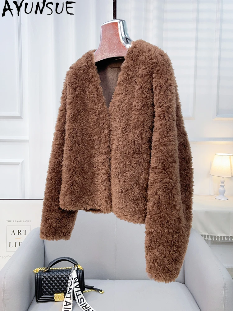 AYUNSUE 2025 가을 겨울 100% 천연 양모 여성 자켓 v 넥 양고기 모피 자켓 여성 의류 New Outerwears Ropa Para Mujer