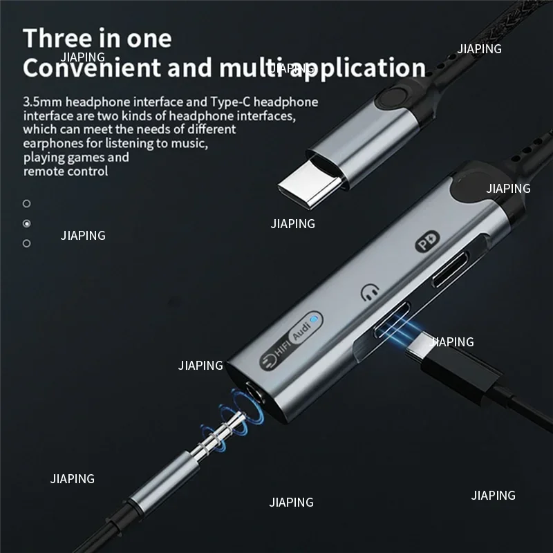 Suitable for Adaptador conector para auriculares 3 en 1 PD60W Divisor carga rápida Tipo C a 3,5 mm DAC Audio Convertidor