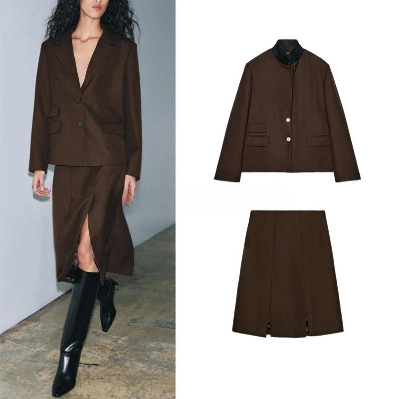 High Collar Long Sve ket Decorated Suit Jaet mid Waist Slit Design Wide Pleated Skirt Faionable Two-Piece Set for W...