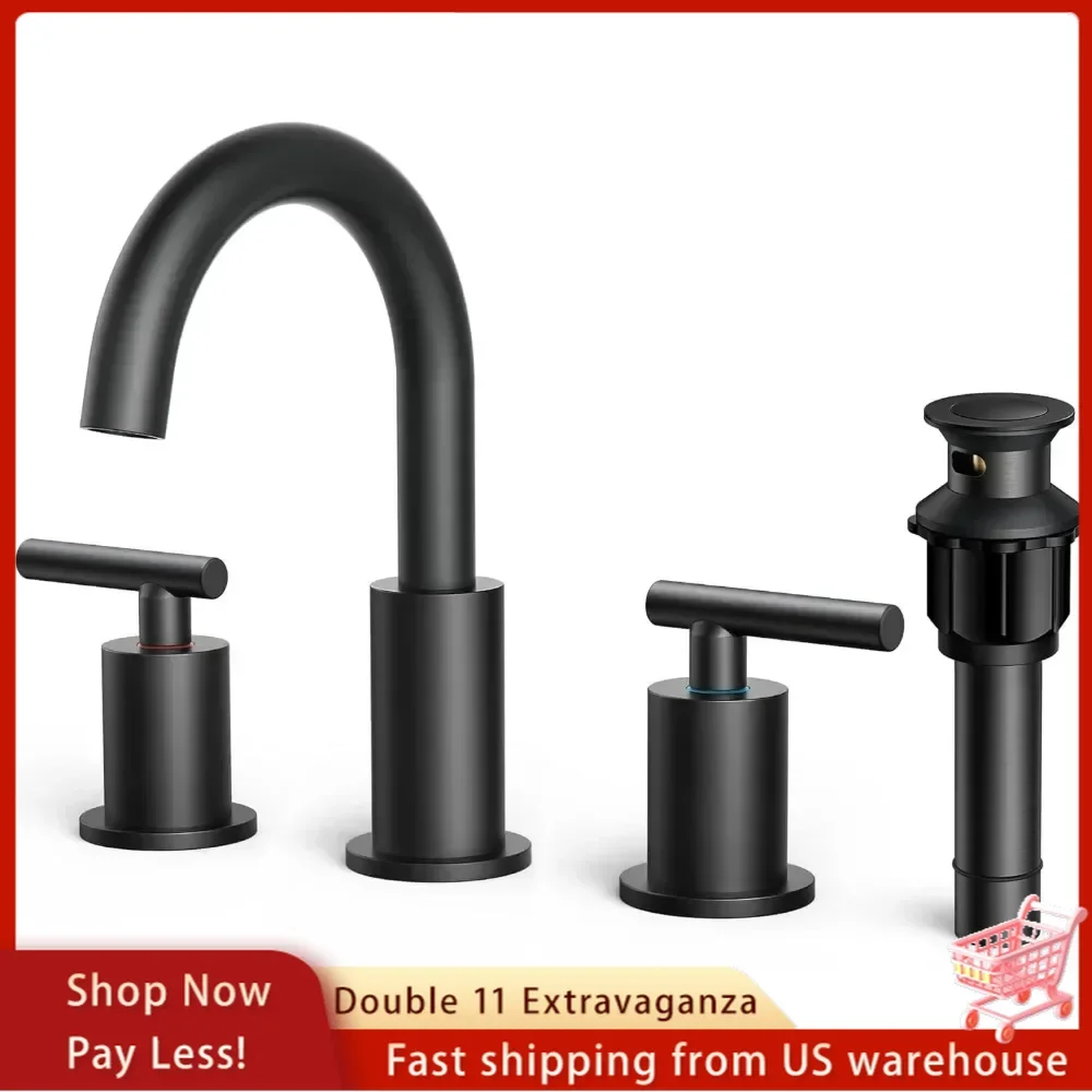 Bathroom Faucet 3 Hole, 8 Inch Widespread Bathroom Faucet Black with Metal Pop-up Drain Assembly, Two Handle Vanity Faucet