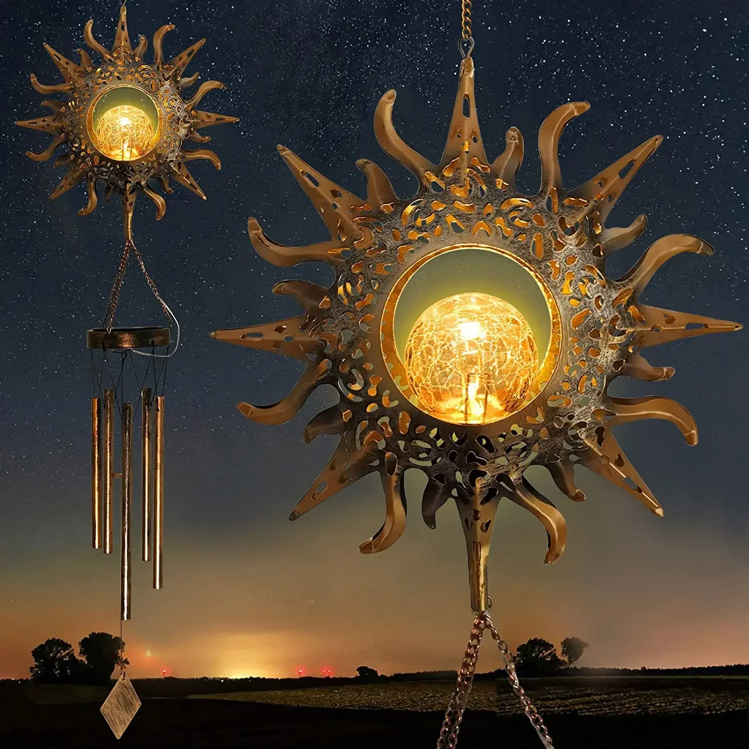 Solar Wind Chimes Aesthetic Room Decor Outdoor Garden Glowing Moon Sun Stars Metal Tubes Wind Bells Home Decor Waterproof