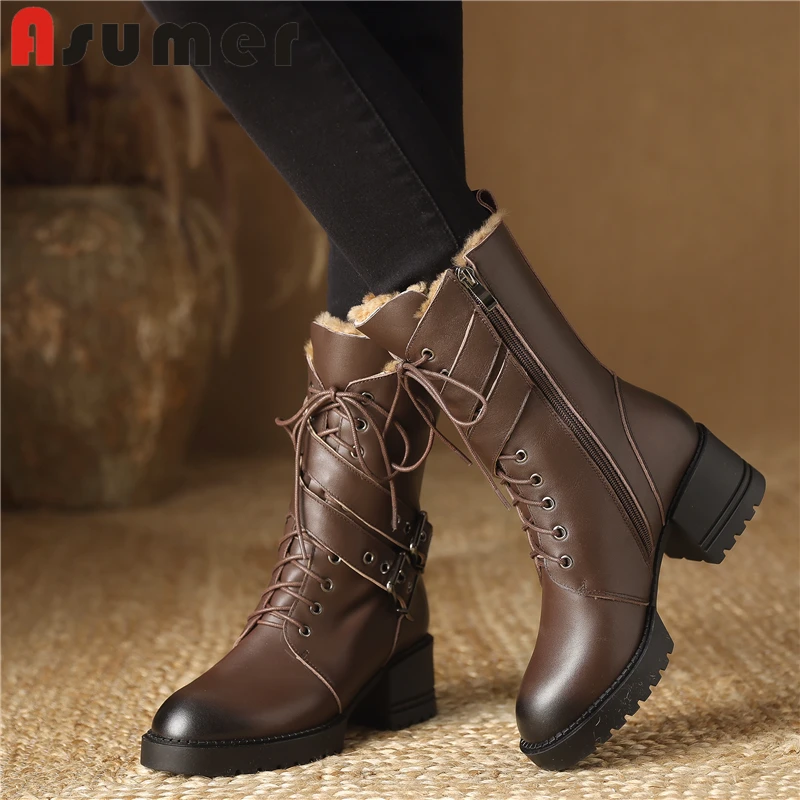

ASUMER New Full Genuine Leather Boots Women Buckle Lace Up Nature Wool Warm Winter Boots Square Heels Ankle Boots