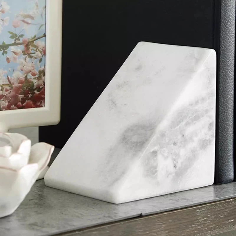 1PCS Natural White Marble Bookend, Vintage Textured Decorative Book Holder, Functional Artwork for Office, Living Room, Bedroom
