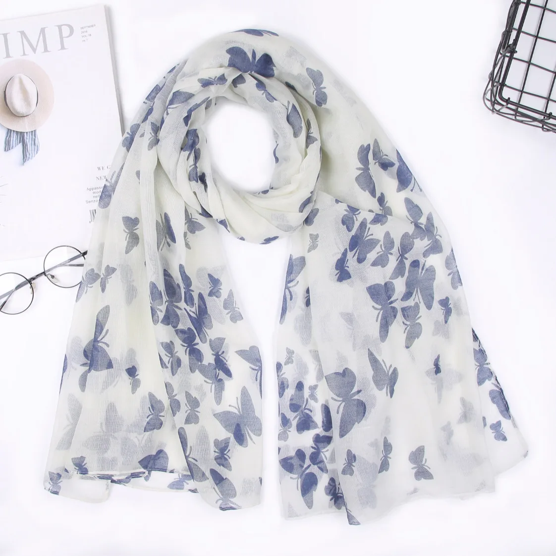 New Butterfly Print Scarf Wholesale Scarves Fashion Cotton and Linen Blend Thermal Shawl Woman Wrap Lady Headband