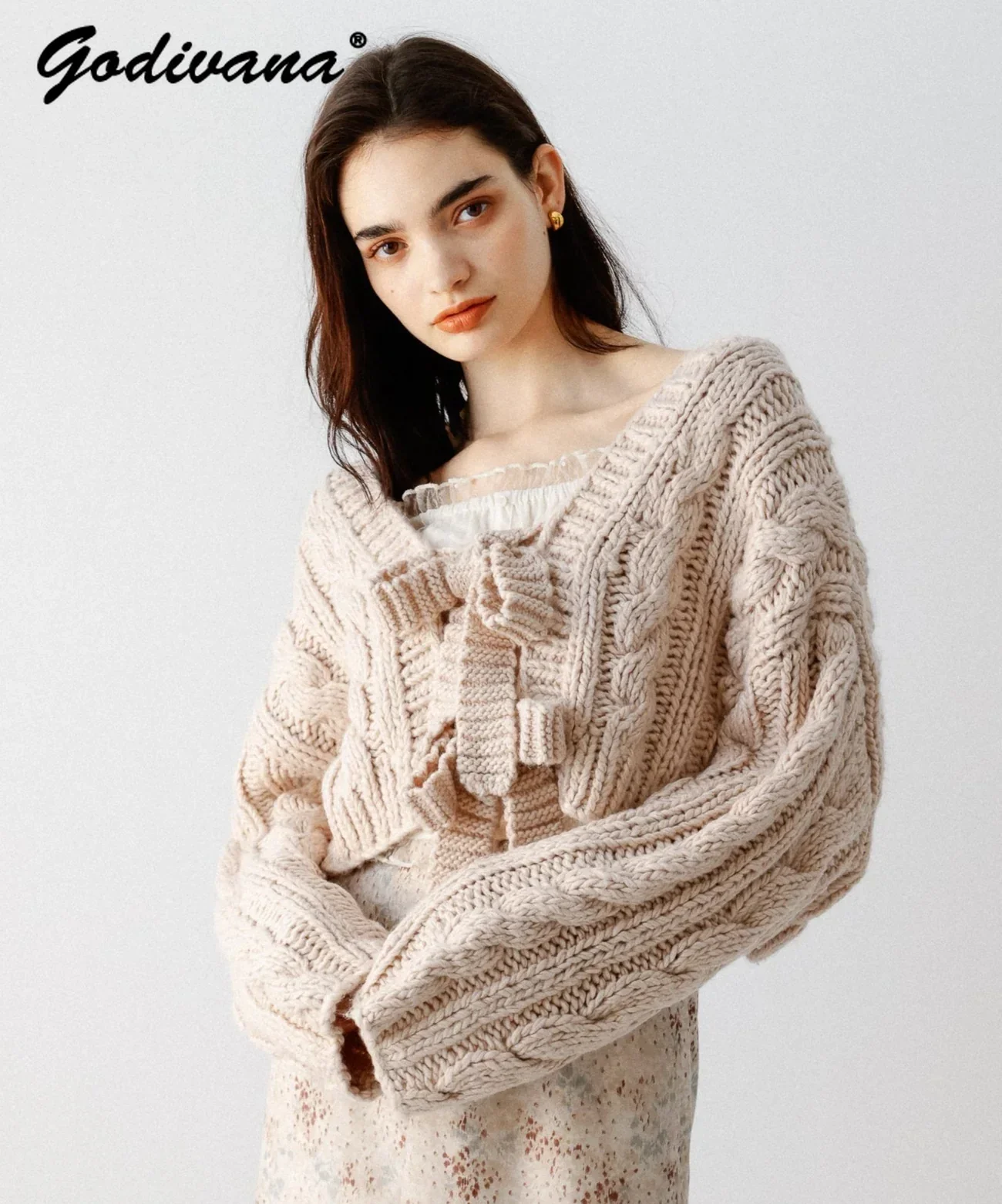 Japoński nowy jesienno-zimowy słodki sweter z kokardką 2-drożny sweter z dzianiny Pure Color Elegancki luźny krótki kardigan