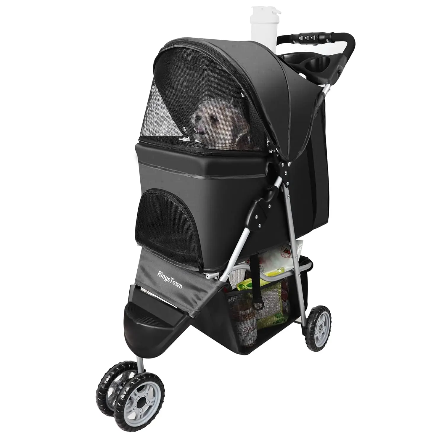 

3-Wheel Pet Stroller for Small Dogs & Cats, Folding Easy Carry with Sun Shade Cup Holder Mesh Window