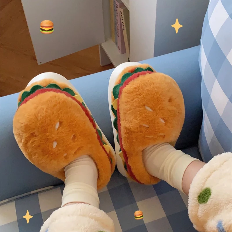 House Slippers Women Winter Warm Plush Capybara Hamburger Indoor Funny Cute Kawaii Room Home Shoe Flat Men Fuzzy Female Male