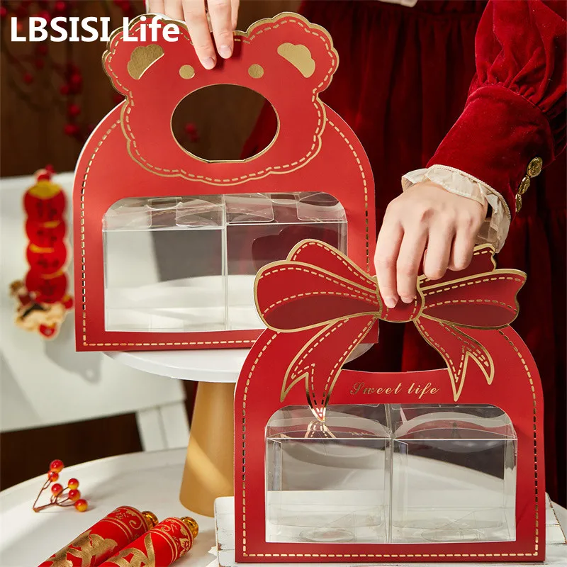 LBSISI Life-Clear Box for Wedding Candy Cookie Chocolate Nougat Packaging Birthday Valentine's Day Party Bown Bear Handle 5pcs