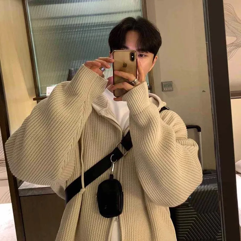 

Winter Clothing Men's Light Luxury Knit Hooded Cardigan Sweater Korean Vintage Popular Zipper Long Sleeve Loose Hoodie Knitwear