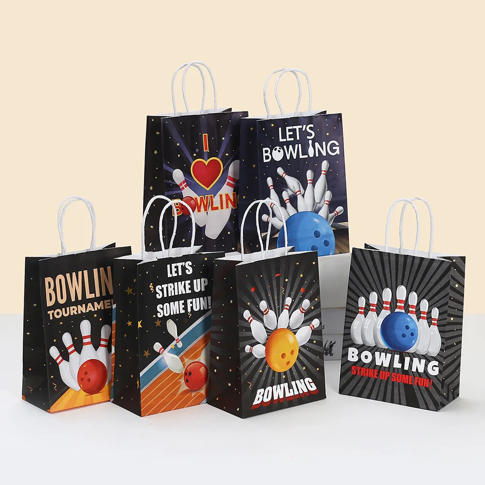 6Pcs Black Let's Bowling Paper Gift Packing Bags Candy Shopping Bag for Sports Theme Birthday Retirement Party Decoration