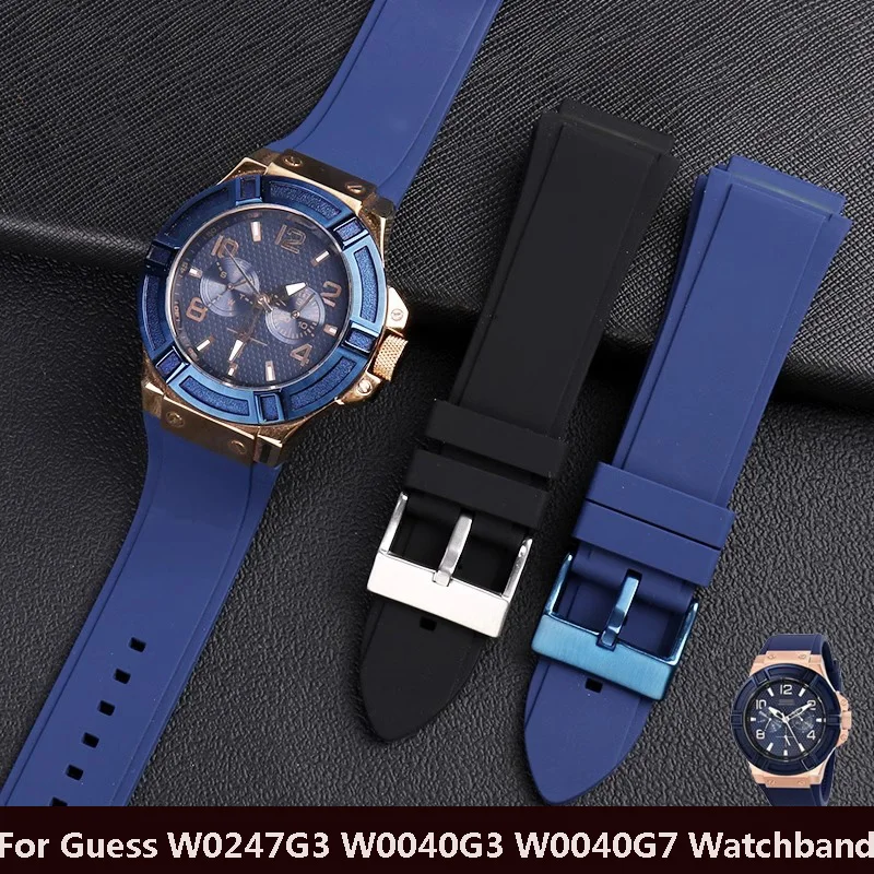 

Silicone Strap Blue Stainless Steel Buckle Men Replacement Bracelet for Guess W0247G3 W0040G3 W0040G7 22mm Watch Band