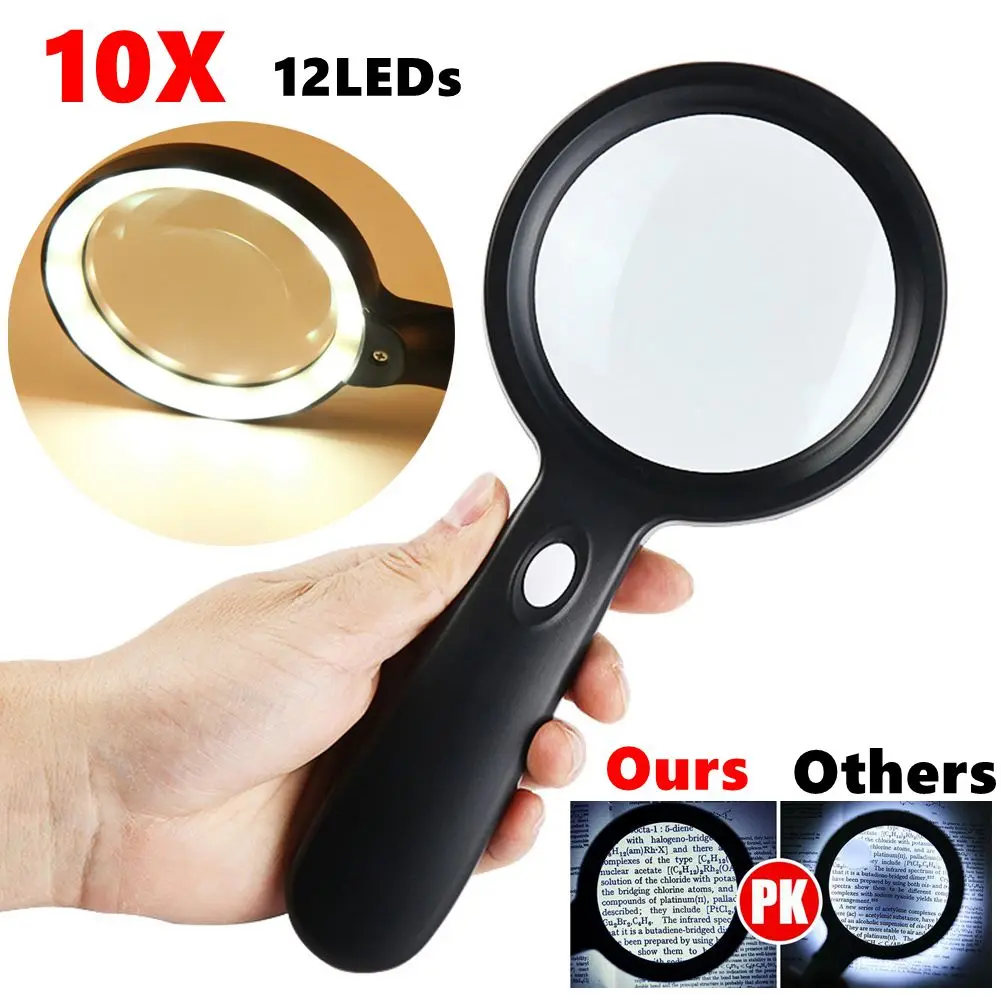 45/10X LED Magnifier Handheld Magnifier 12/3 LEDs Light Magnifying Glass Portable for Elder Reading Book/Newspaper Jewelry Loupe