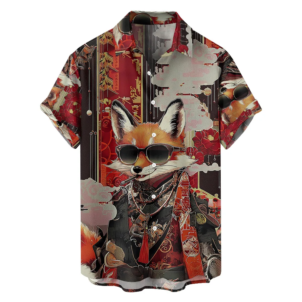 2026 Cross-border Ukiyo-e Illustration Elements Summer New Large-size Men's Casual Fashion Digital Print Short-sleeve Shirt