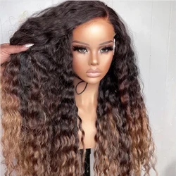 13X4 Kinky Curly Wigs Ombre Brown Lace Front Wig Water Wave Synthetic Hair Lace Wigs for Women Pre Plucked Fiber Cosplay Use Wig