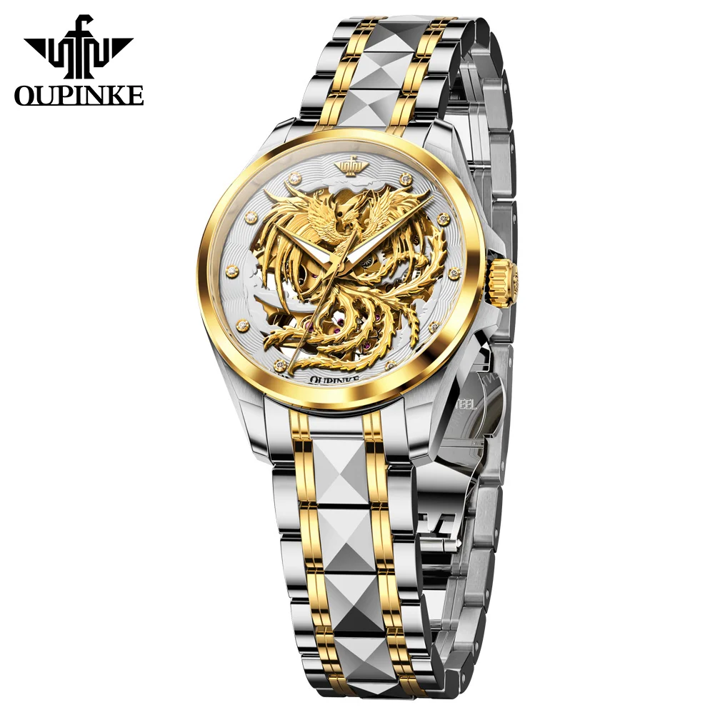 OUPINKE ساعات نسائية 3276 موضة فاخرة التنغستن الصلب الأصلي ساعة ميكانيكية أوتوماتيكية لسيدة هدية مجموعة صناديق مقاوم للماء