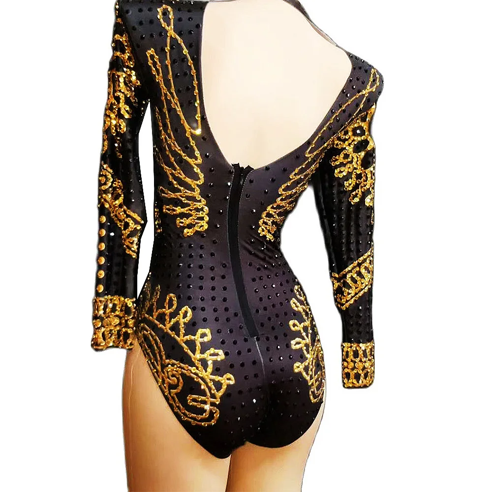 Shining Diamonds Long Sleeve Women Bodysuits Birthday Celebrate Party Luxury Leotard Nightclub Singer Pole Dance Costume