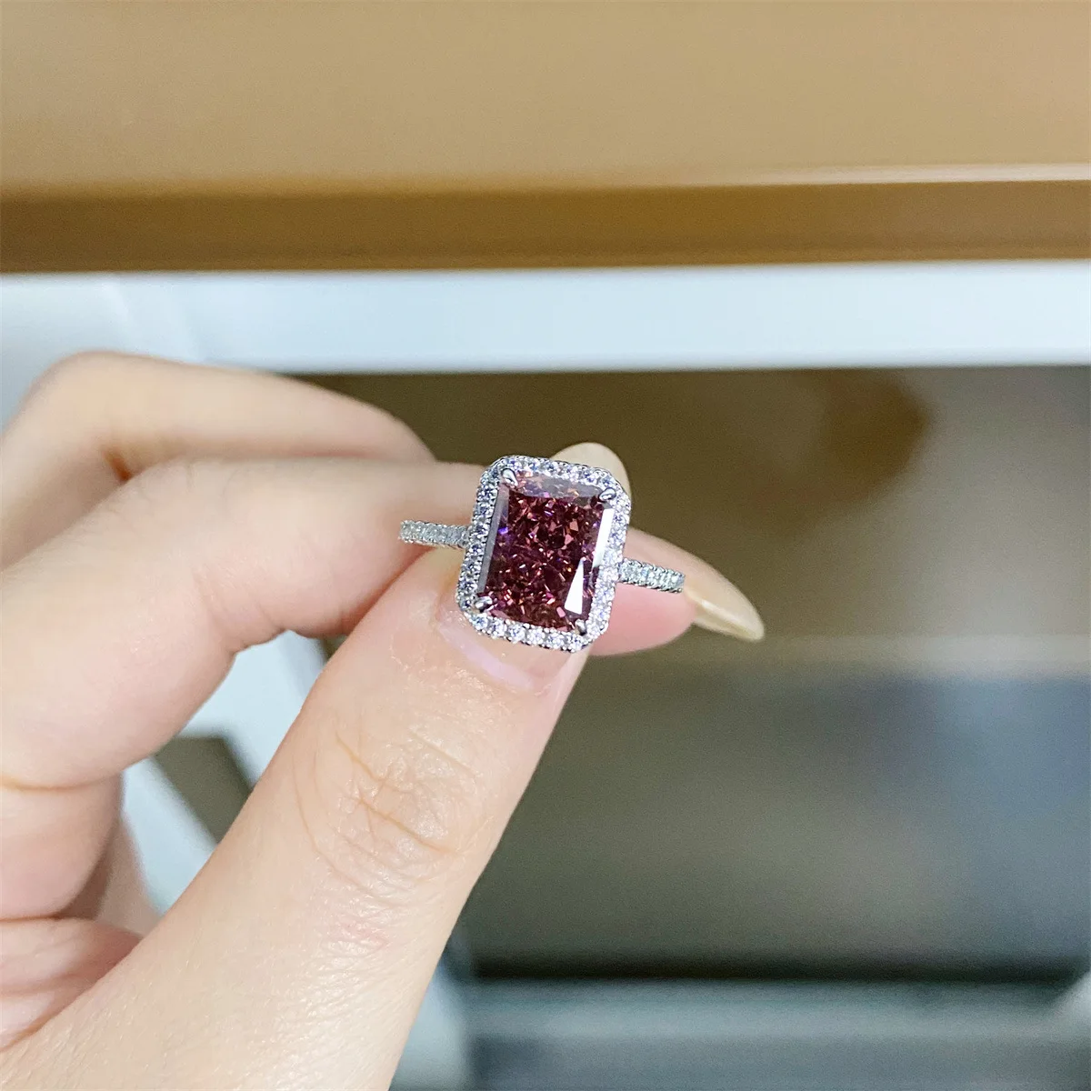 

S925 Pure Silver Rouge Powder Ring, Women's Ice Flower Cut 3-carat Square Bag, Full of Diamonds, Hot Selling Foreign Trade Item