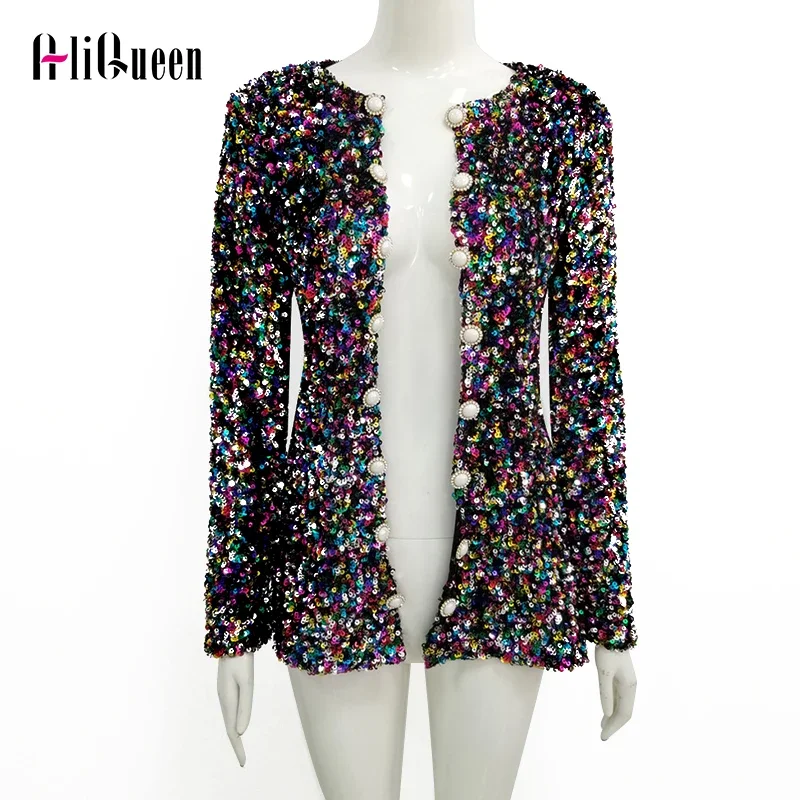 

Women Mesh Multi Sequins Coats Shining Bodycon Jacket Female Slim Tops Outerwear Streetwear Ladies Fashion Bright Party Coat
